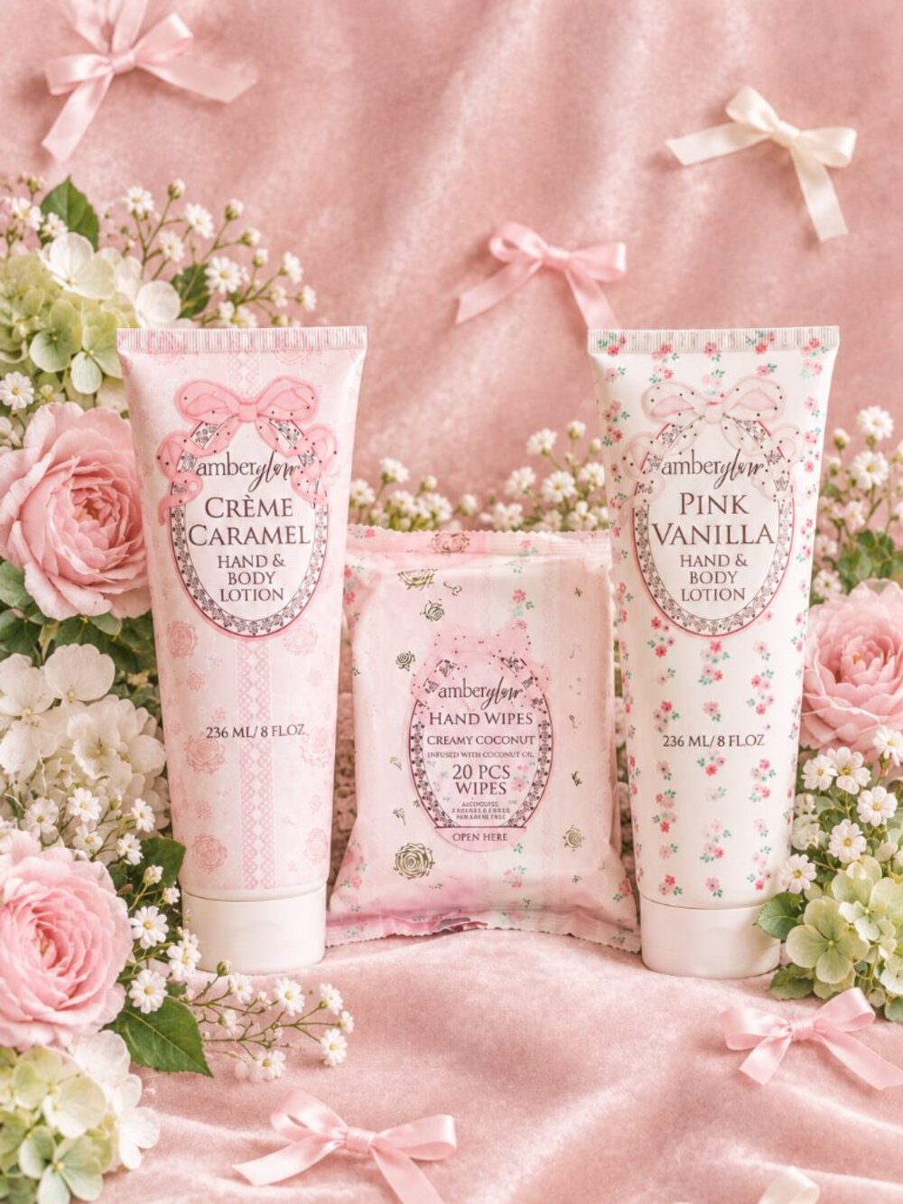 2 Luxurious 8oz Amberglow Hand & Body Lotions & 20pk Hand Wipes NWT